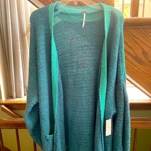 Free People mixed color green turquoise -green ribbed front and cuffs XL cardy